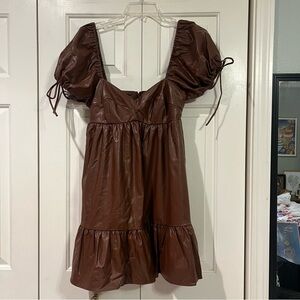 (Brand New) Amanda Uprichard Faux Leather Puff Sleeve Dress Brown